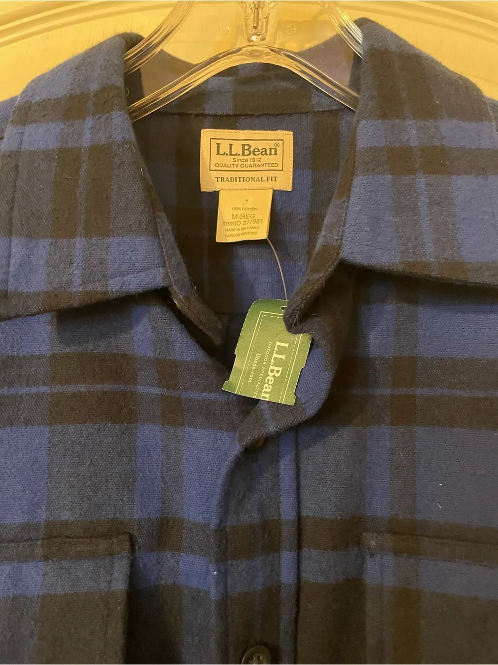 L.L.Bean Men’s Plaid Shirt M Blue Black 100% Cotton Flannel Traditional Fit NWT